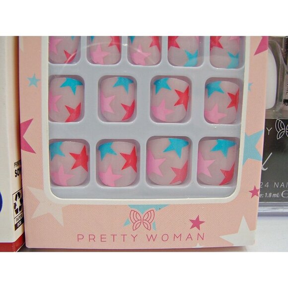 Lot 5 Pretty Woman Kiss Press on Glue Nails New Box Leopard White Blue Coffin - Picture 10 of 14